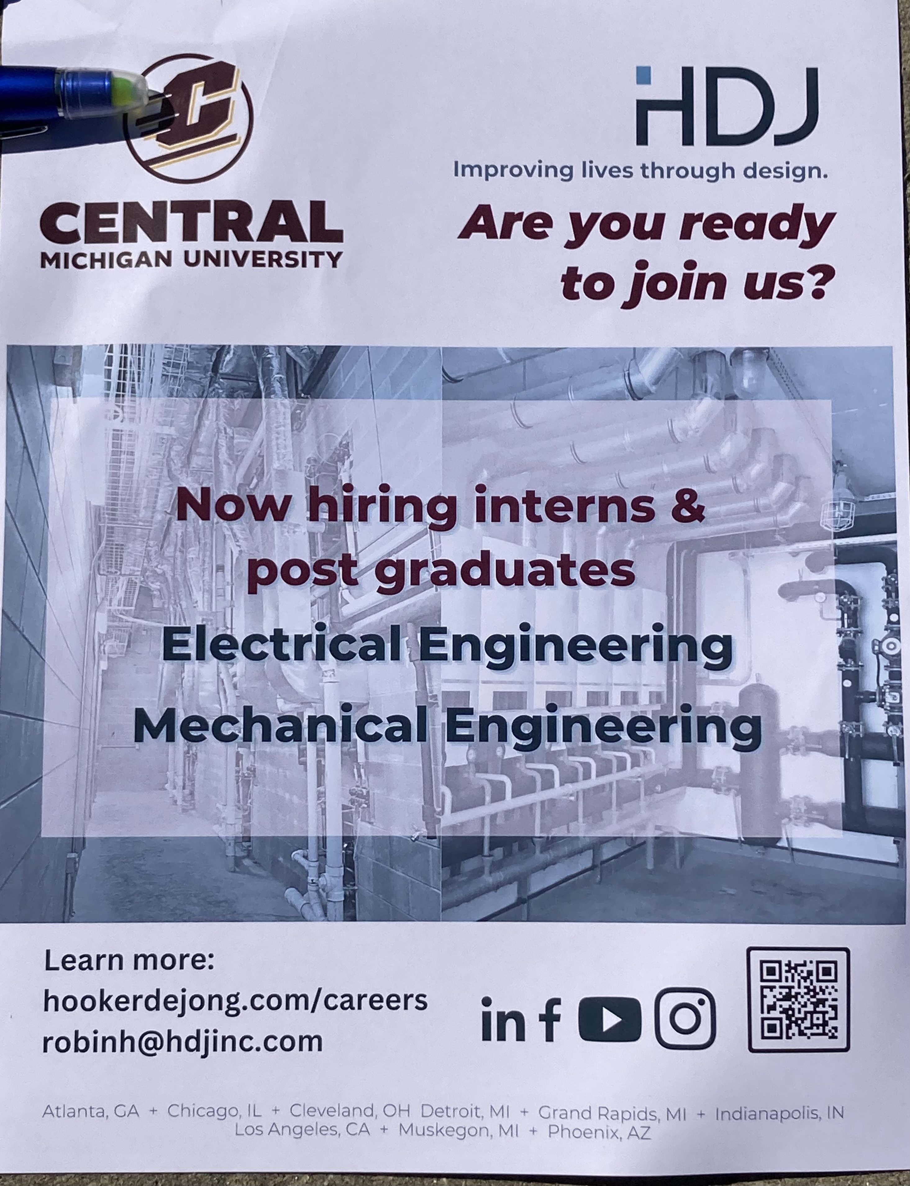 Picture of HDJ flyer which says they are hiring post graduate Mechanical engineering and Electrical engineering students